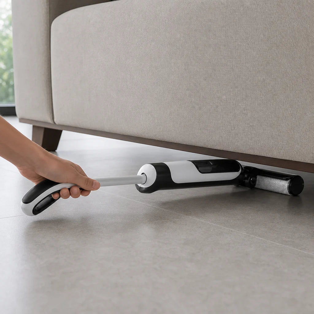 Tight candid hand-to-product interaction close-up, square format. One realistic hand performs one do