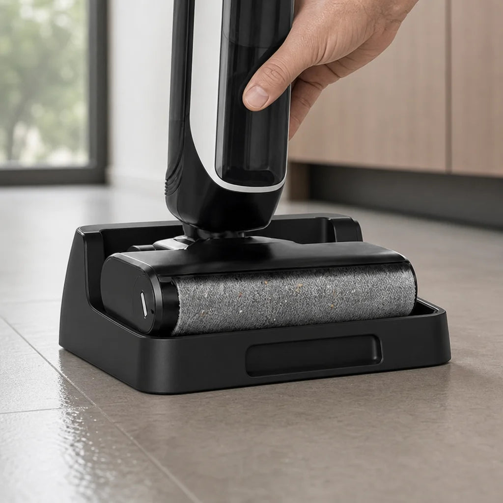 Square close-up of one decisive post-use setup gesture. A realistic hand guides the exact supplied F